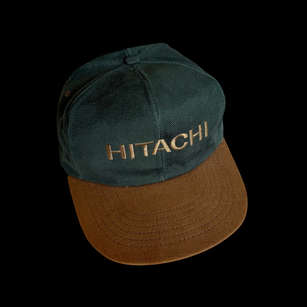 90's Hitachi Green Corduroy Snapback Hat Brown Brim Corporate Promo Cap Mens